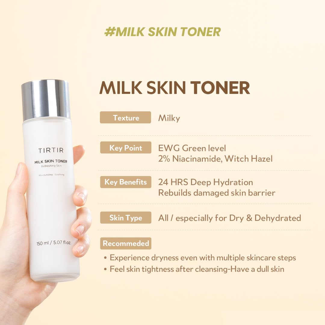 TIRTIR Milk Skin Rice Toner | Deep Moisturizing, Hydrating Toner for face, Niacinamide, Ceramide, Rice Bran Extract, Nature-Oriented Ingredients for Korean Skin Care, Vegan, 5.07 fl.oz.