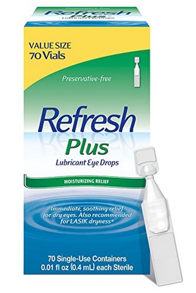 Refresh Plus Lubricant Eye Drops Preservative-Free Tears, 0.01 fl oz (0.4 mL), 70 Single-Use Containers