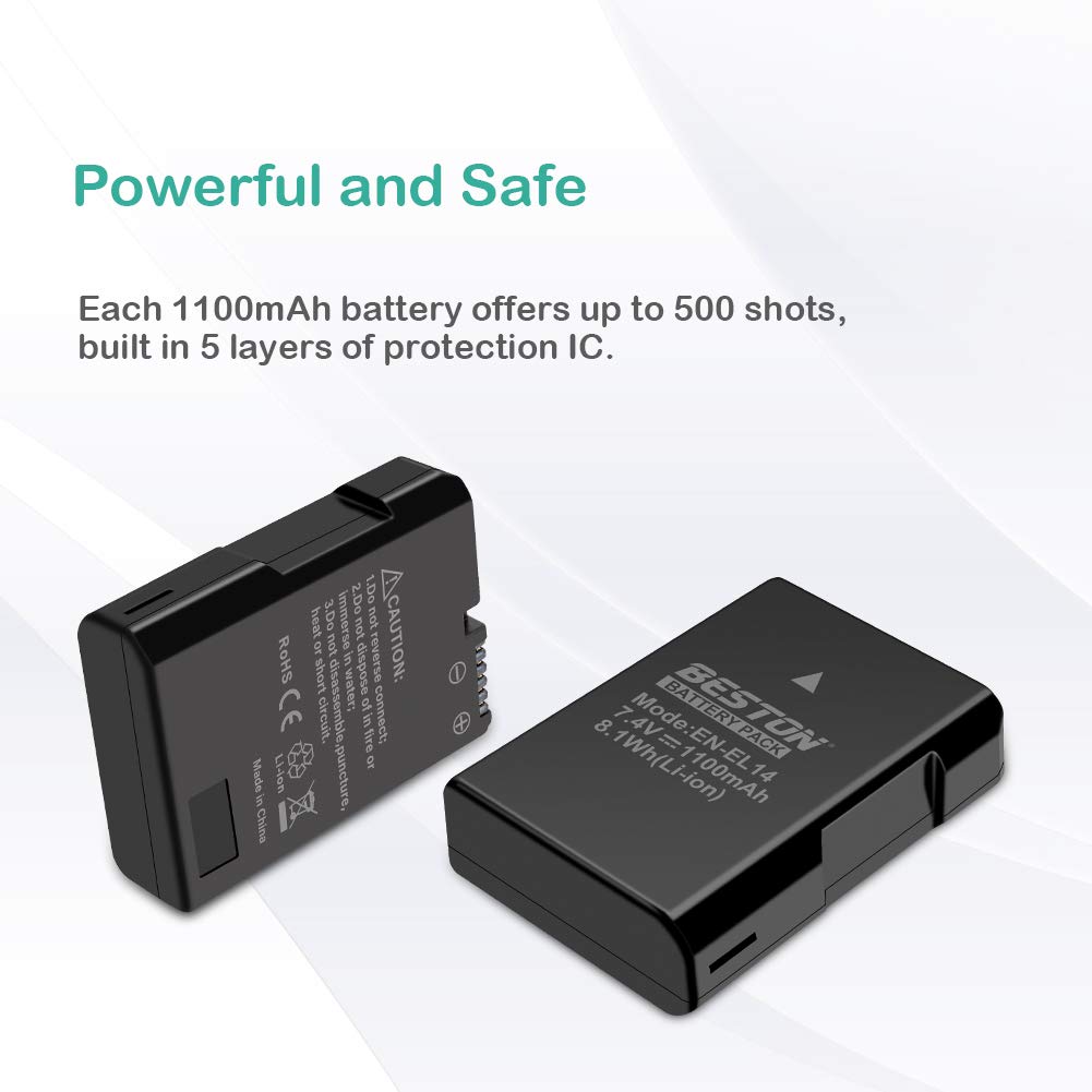 BESTON 2-Pack EN-EL14 / EN-EL14a Battery Packs and Rapid USB Charger Compatible with Nikon D3100 D3200 D3300 D3400 D3500 D5100 D5200 D5300 D5500 D5600 DF Coolpix P7000 P7100 P7700 P7800 Cameras