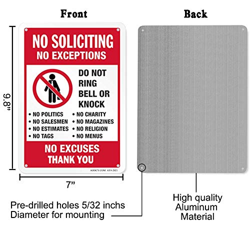 No Soliciting Sign, Funny Decor for House Door Office Business Yard,Metal Aluminum Rust Free, No Excuses, No Exceptions Do Not Ring Bell No Knock Sign - 7" x 9.8", Pre-Drilled Holes, Weather Resistant