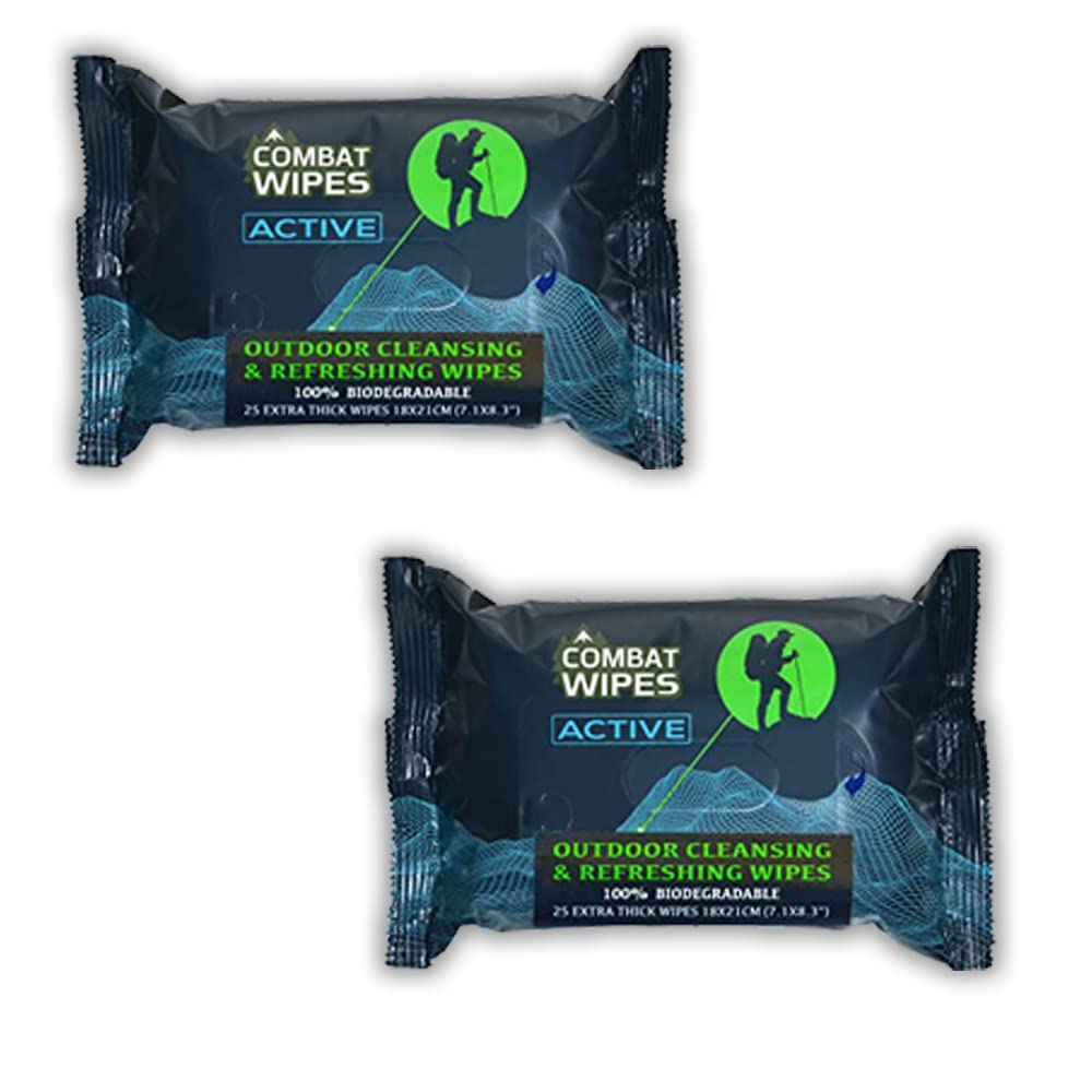 Combat Wipes ACTIVE Outdoor Wet Wipes - Extra Thick Camping Gear, Biodegradable, Body & Hand Cleansing/Refreshing Cloths for Backpacking & Gym w/Natural Aloe & Vitamin E (25 Wipes)