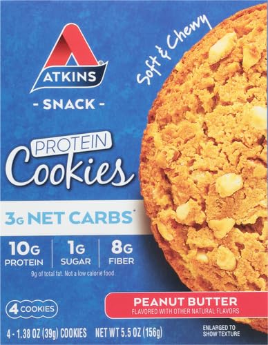 Atkins Peanut Butter Protein Cookie, Protein Dessert, Rich in Fiber, 3g Net Carb, 1g Sugar, Keto Friendly, 4 Count