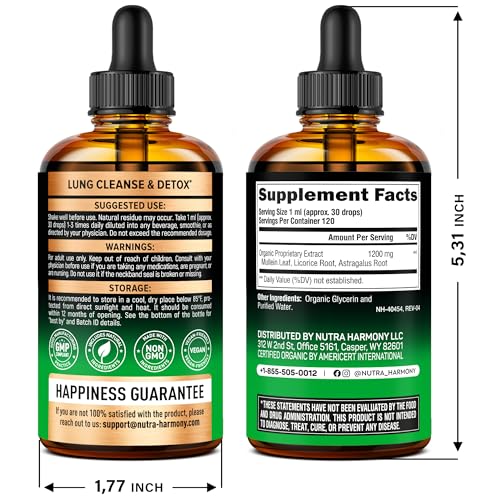 Mullein Drops for Lungs - USDA Organic Liquid - Mullein Leaf Extract Supplement - Made in USA - Lung & Bronchial Cleanse for Smokers - Respiratory Health Support - As Tincture, Tea, Pills - 4 fl oz