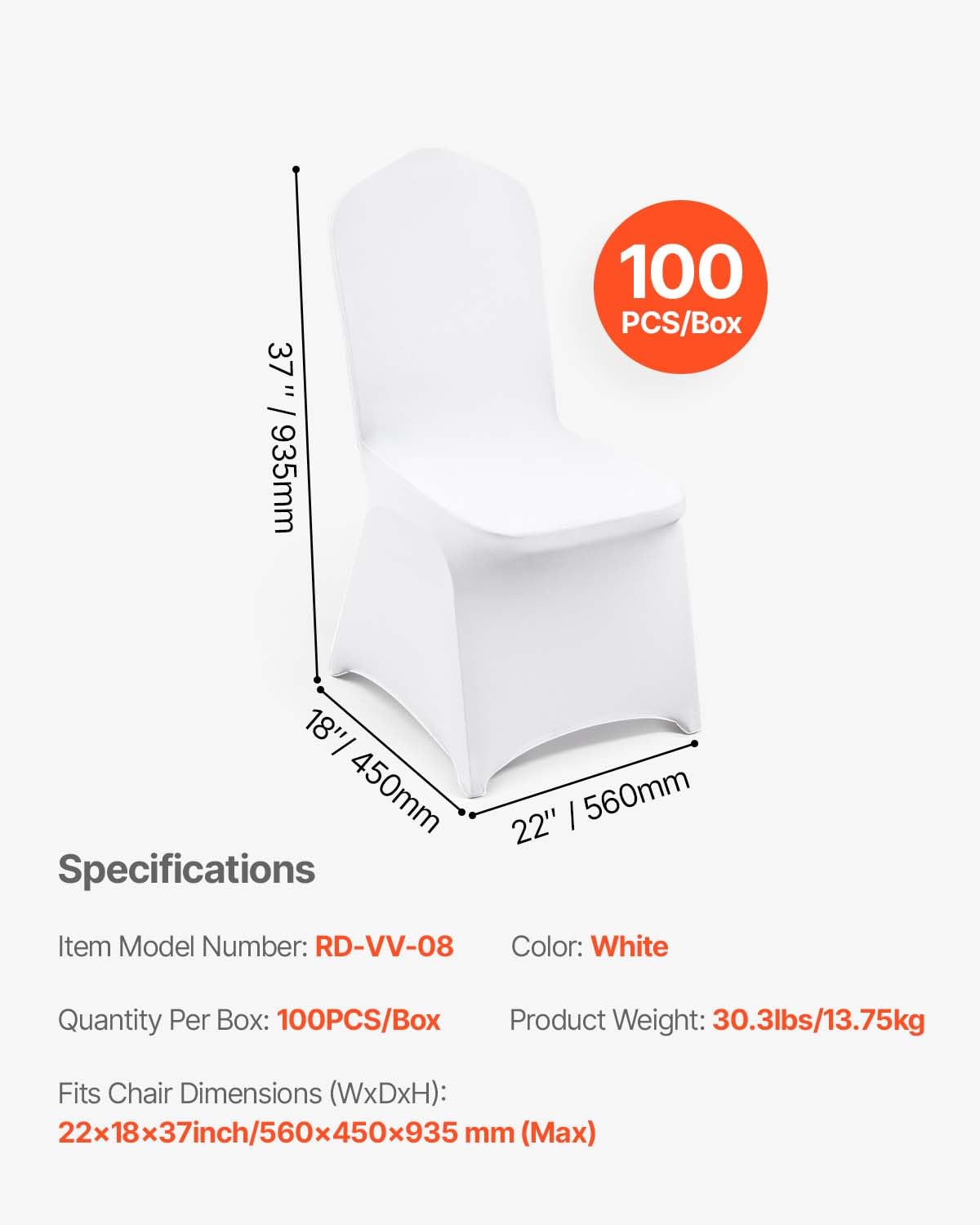 VEVOR 100 Pcs White Chair Covers Polyester Spandex Chair Cover Stretch Slipcovers for Wedding Party Dining Banquet Flat-Front Chair Covers