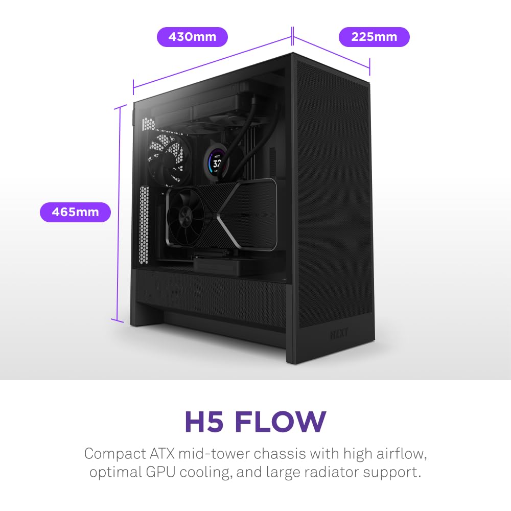 NZXT H5 Flow 2024 - Compact ATX Mid-Tower PC Gaming Case - High Airflow - 2 x 120mm Fans Included - 360mm Front & 240mm Top Radiator Support - Cable Management System - Tempered Glass - Black
