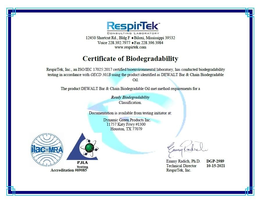 DEWALT – Biodegradable Bar & Chain Oil – Green, Eco-Friendly, Non-Toxic Professional Bar & Chainsaw Lubricant – Ultraclean All-Season Oil for Gas, Electric Saw, and Pole Saw, 16 oz