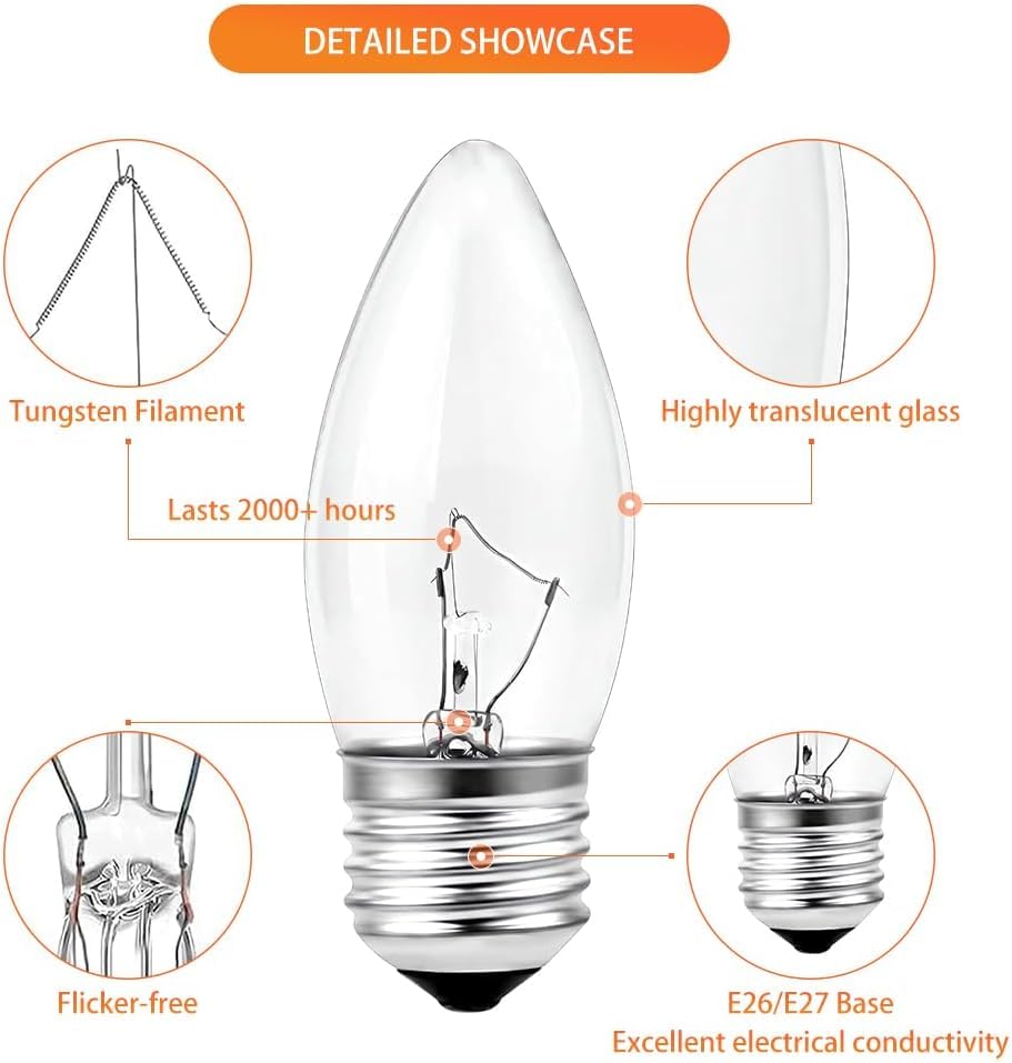 SCOMX 40W Incandescent Equivalent Energy Torpedo Tip Chandelier with Crystal Clear Incandescent Light Bulbs Tip Light Bulb and Medium E26 Candelabra Base (6)