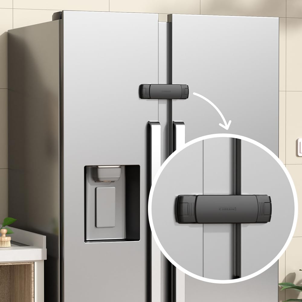Mom's Choice Gold Awards Winner - EUDEMON 1 Pack Latest French Fridge Lock French Door Refrigerator/Freezer Lock Apply to Max 3.54"(90mm) Two Door Gap Distance for Kids & Babies,Easy to Install(Black)