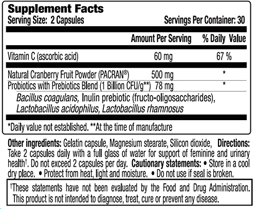 vH Essentials Probiotics for Women with Prebiotics, Cranberry & Vitamin C - 60 Capsules (30 Day Supply) - Vaginal Probiotics Support Gut Balance, Vaginal Health & Urinary Tract Health for Women