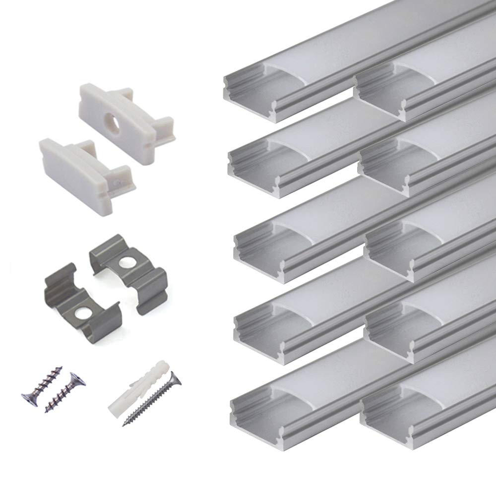 hunhun 10er-Pack 2 Meter U-förmiges LED-Aluminiumkanal-System mit milchiger Abdeckung, Endkappen und Montageclips, Aluminiumprofil für LED-Streifenlicht-Installationen, sehr einfache Installation