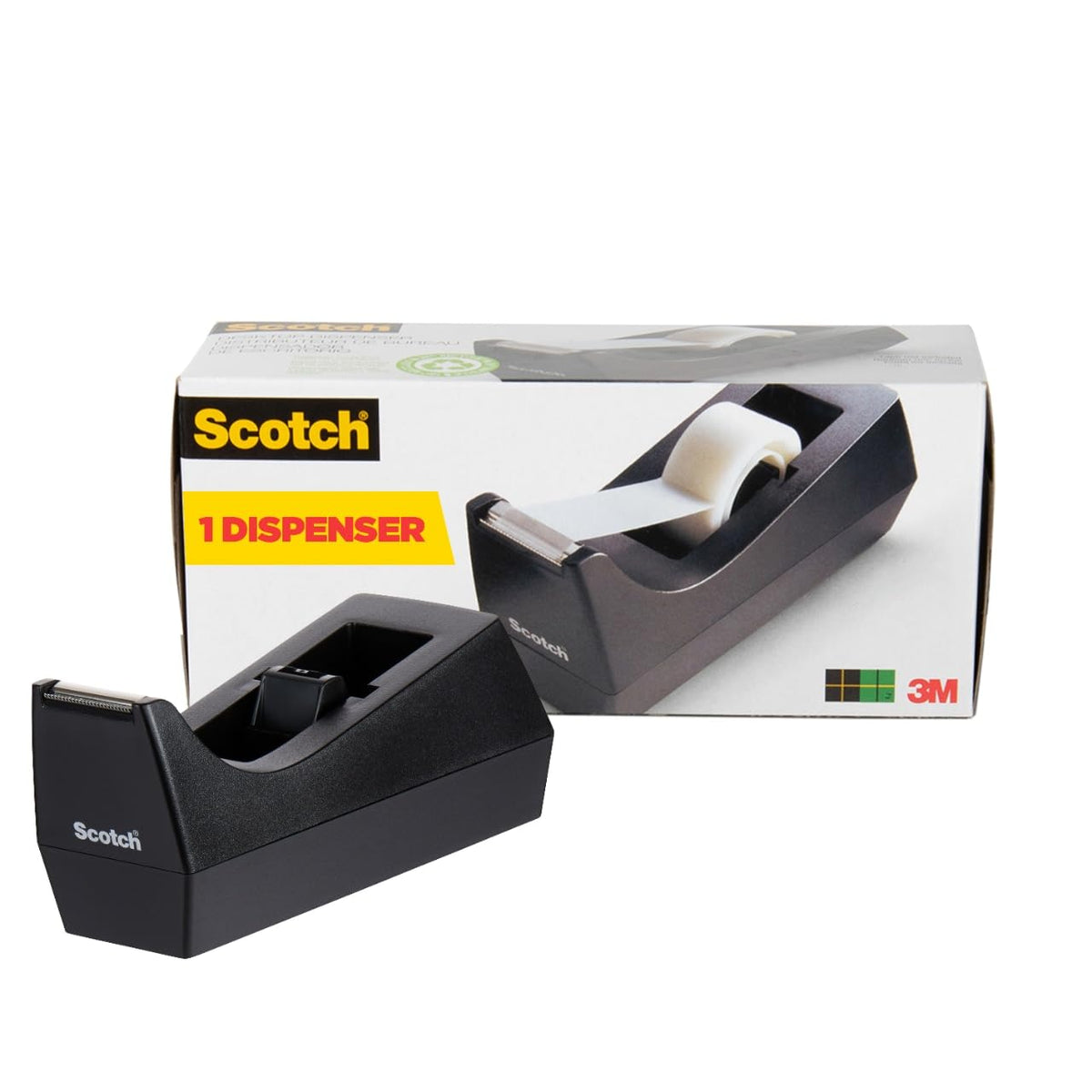 Scotch Classic Tischabroller, Schwarz, 1 Zoll Kern, Hergestellt aus 100 % recyceltem Kunststoff, 1 Abroller