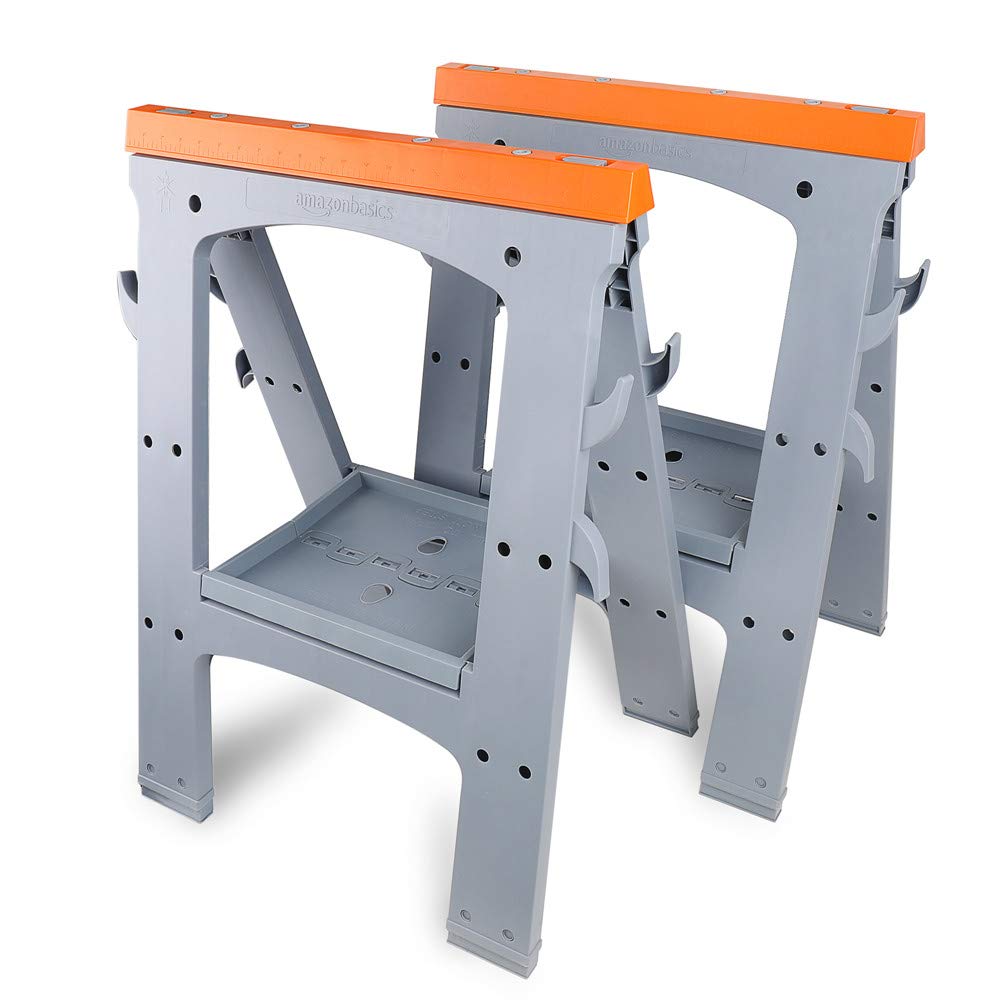 Amazon Basics Rectangular Folding Sawhorse - Set of 2, 900 Pound Capacity, Orange and Grey