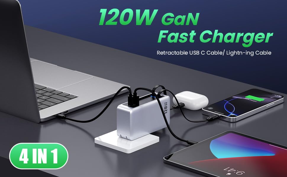120W USB C Charger Block with 2 Built-in Retractable Cables,4-in-1 GaN IV Foldable Plug Wall Charger Fast Charging Station,PD 65W Laptop Adapter for Macbook/iPad,iPhone 16/15/14,Galaxy S24,Android etc