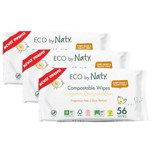 Eco by Naty Baby Wipes Unscented - 100% Compostable and Plant-Based Wipes, Good for Babies and Newborn Sensitive Skin (168 Count - 3 packs of 56)