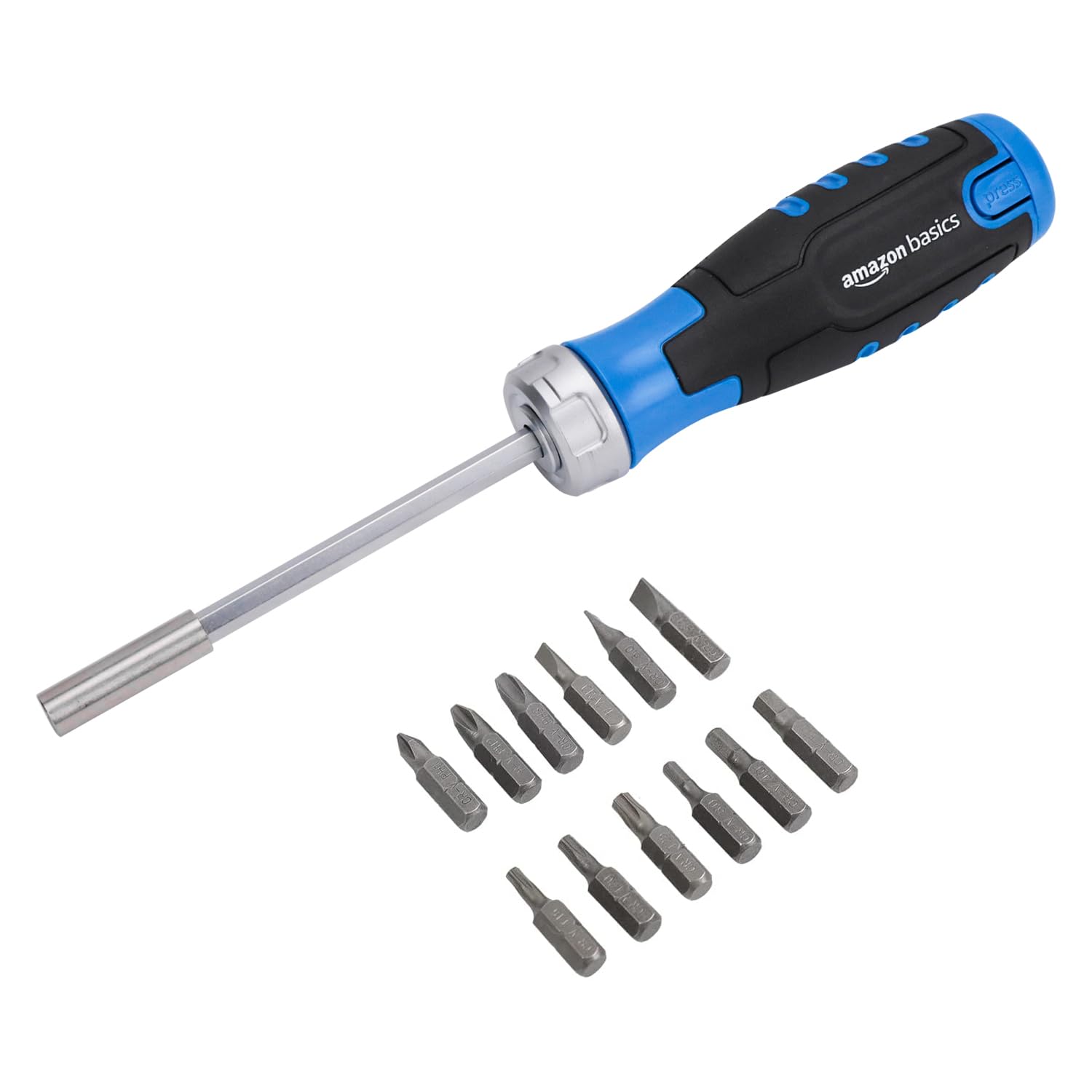 Amazon Basics 12 Piece in-1 Magnetic Ratchet Screwdriver, Blue, Black, Silver