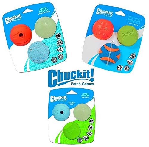 Chuckit! Fetch Medley Dog Ball Dog Toys, Medium (2.5 Inch) Pack of 3, for Medium Breeds, Includes Whistler, Max Glow and Rebounce Balls