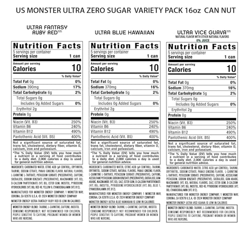 Monster Energy Ultra Variety Pack, Blue Hawaiian, Ultra Vice Guava, Ultra Fantasy Ruby Red, Sugar Free Energy Drink, 16 Ounce (Pack of 15)
