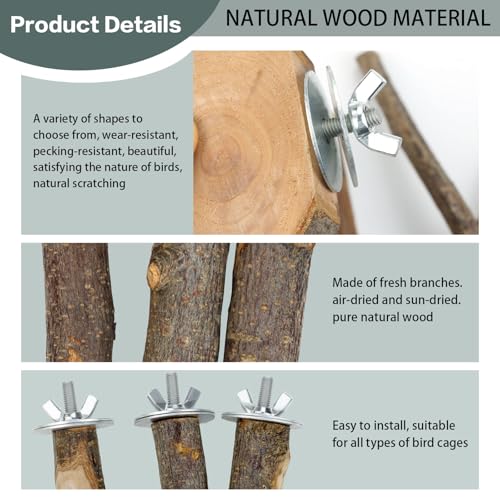 CZWESTC Natural Wood Bird Perches for Cage, Parrot Perch Stand & Platform, Bird Cage Accessories for Parakeets, Cockatiels, Conures, Lovebirds (Brown, Core Perch & Platform - 8PCS)