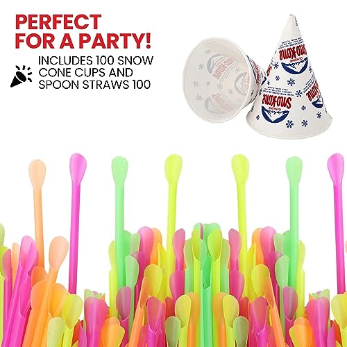 Concession Essentials 100 Count 6oz Snow Cone Cups with 100 8" Neon Spoon Straws, Pack of 200ct (100 cups/100 straws)