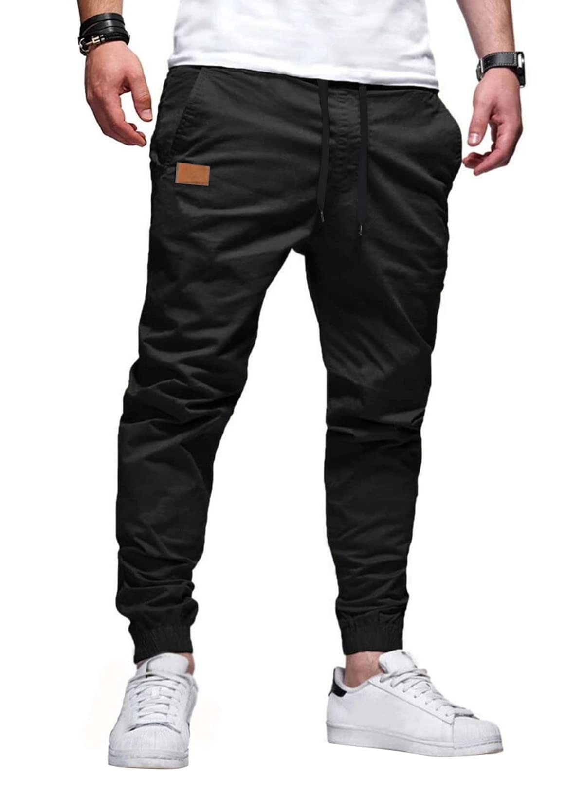 JMIERR Mens Casual Joggers Pants - Cotton Drawstring Chino Cargo Pants Hiking Outdoor Gym Twill Track Jogging Yoga Sweatpants Travel Jogger Pants with Pockets for Men, L A Black