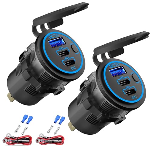 2 PACK 12V USB Outlet Wired USB Charger Multi Port, Dual PD3.0 USB-C and Quick Charge 3.0 Car USB Port Socket with Power Switch, Fast Charger for Cell Phone Tablet, Suitable for Car Boat RV Marine ATV