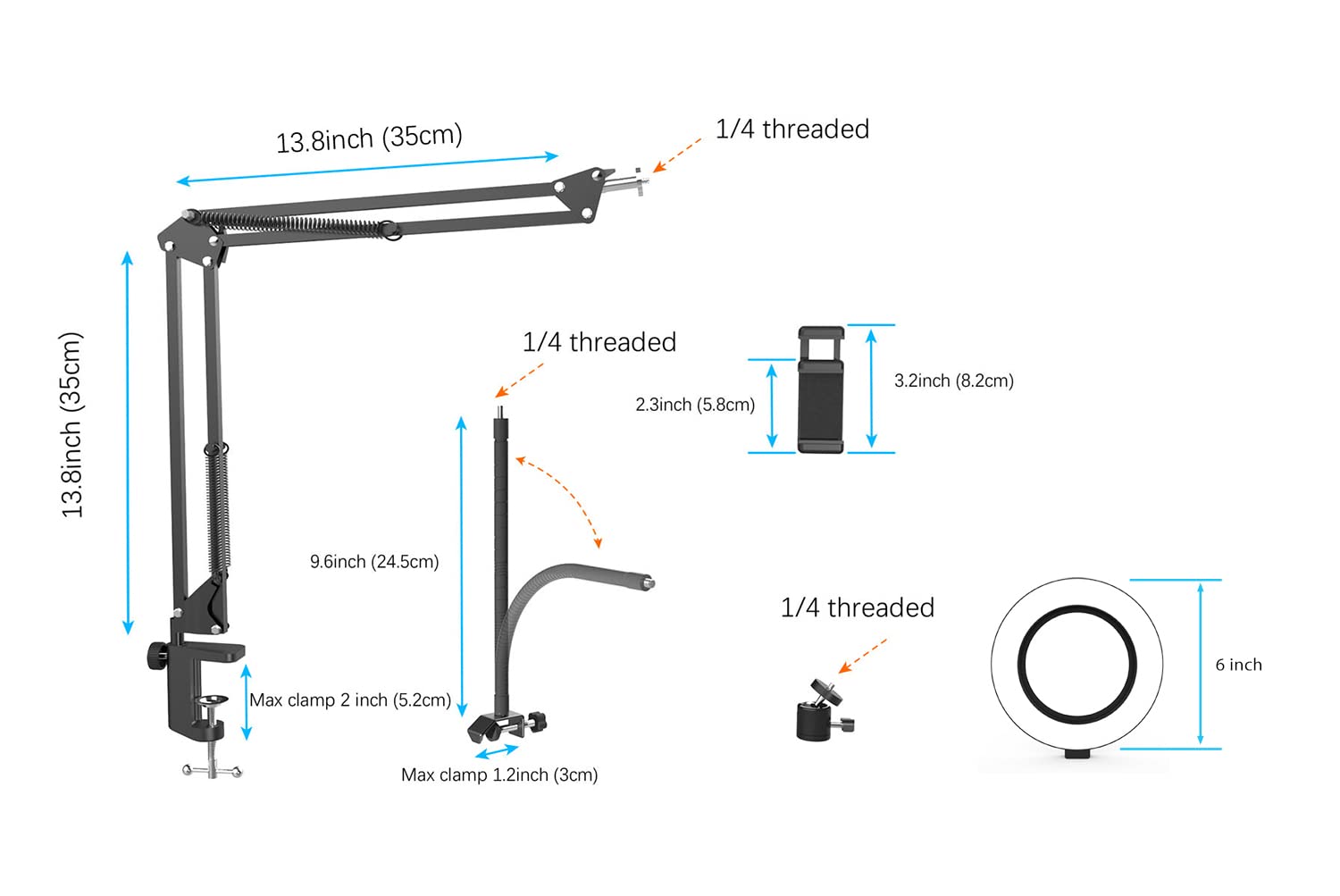 Overhead Camera Mount with Ring Light, Flexible Articulating Phone Arm Stand Compatible with iPhone, Logitech Webcam, Desk Tripod for YouTube Live Stream Cooking Nail Video Recording