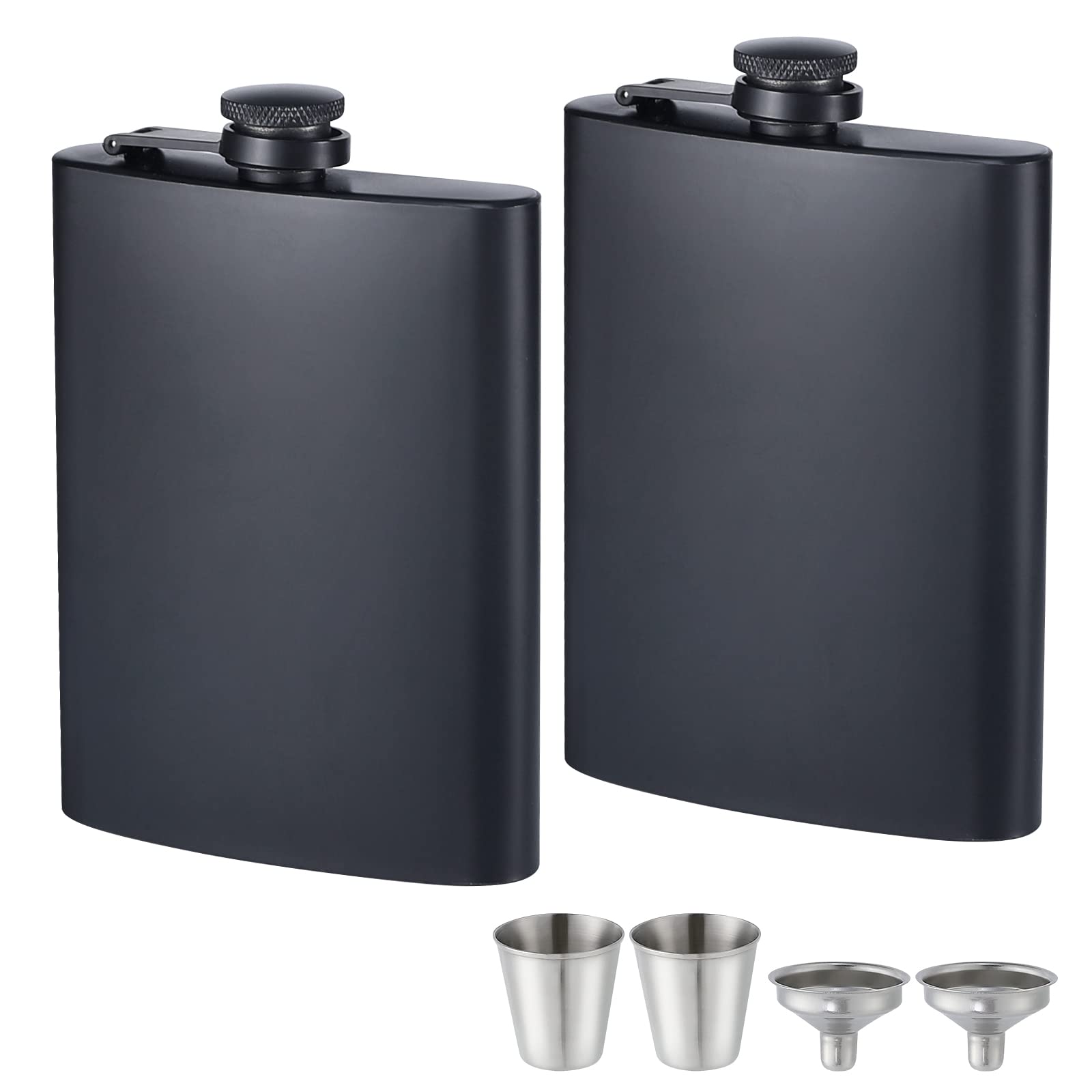 ROMORC 2 Pack Hip Flasks for Liquor Matte Black 8 Oz Stainless Steel Leak-proof Thin Flasks with 2pcs Funnels and Cups for Wedding Party, Groomsman, Bridesmaid, Gift