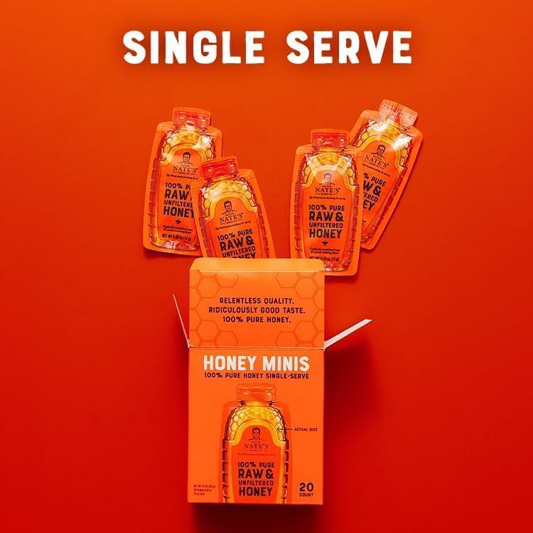 Nate's Honey Minis - Single-Serve 100% Pure, Raw & Unfiltered Honey – 0.49oz Packets, 20ct box