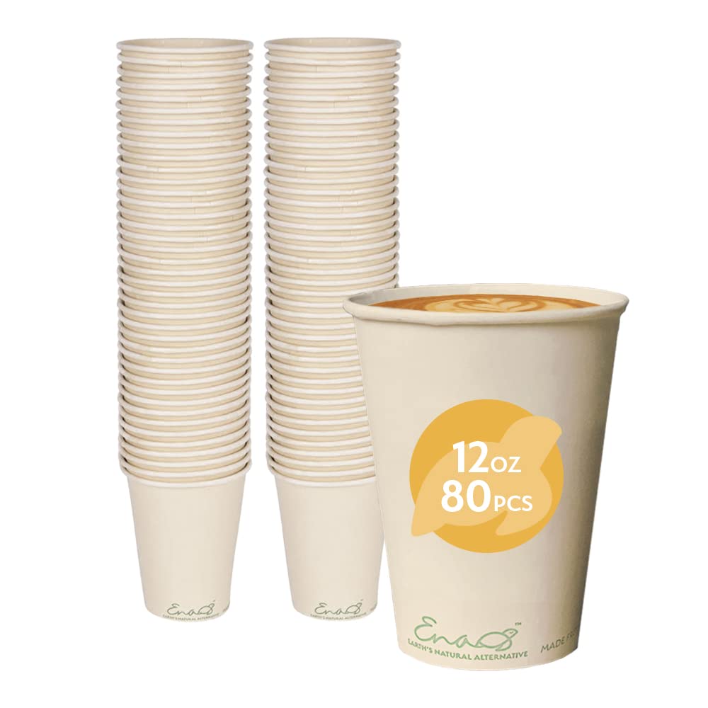 100% Compostable Disposable Coffee Cups [12oz 80 Pack] Paper Cups Made from Bamboo, Eco-Friendly, Biodegradable Premium Party Cups, Natural Unbleached by Earth's Natural Alternative