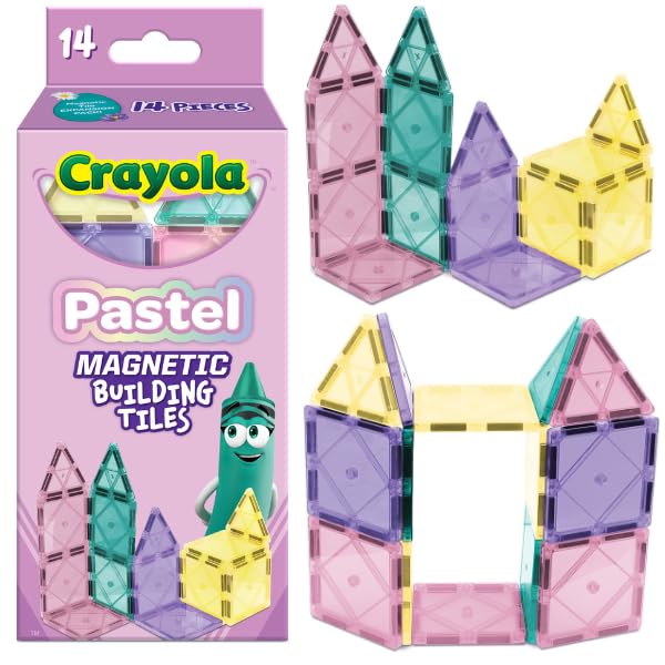 CreateOn Crayola Magnetic Tiles, Building Set for Kids, Magnetic Building Toys for Kids, STEM Travel Toys for Boys and Girls Ages 3+, 14-Piece Set (Pastel)