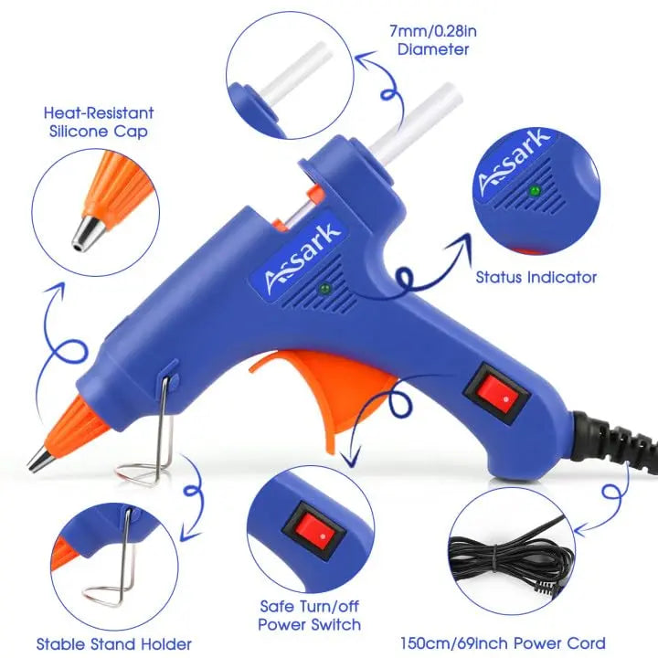 Hot Glue Gun Kit with 30 Glue Sticks(130mm x 7mm), Fast Preheating Hot Melt, High Temp for School Crafts DIY Arts and Quick Home Repairs, 20W Blue