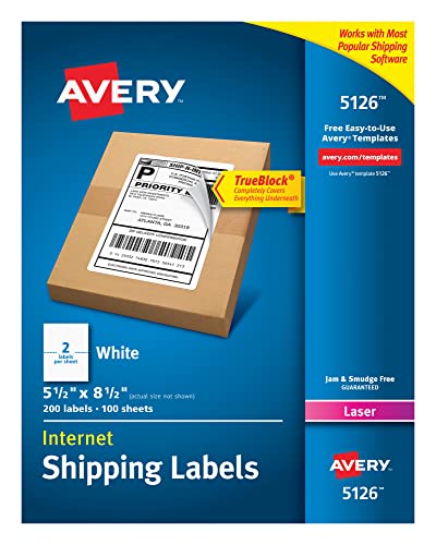 Avery Half Sheet Printable Shipping Labels, 5.5" x 8.5", White, 200 Blank Mailing Labels (5126)