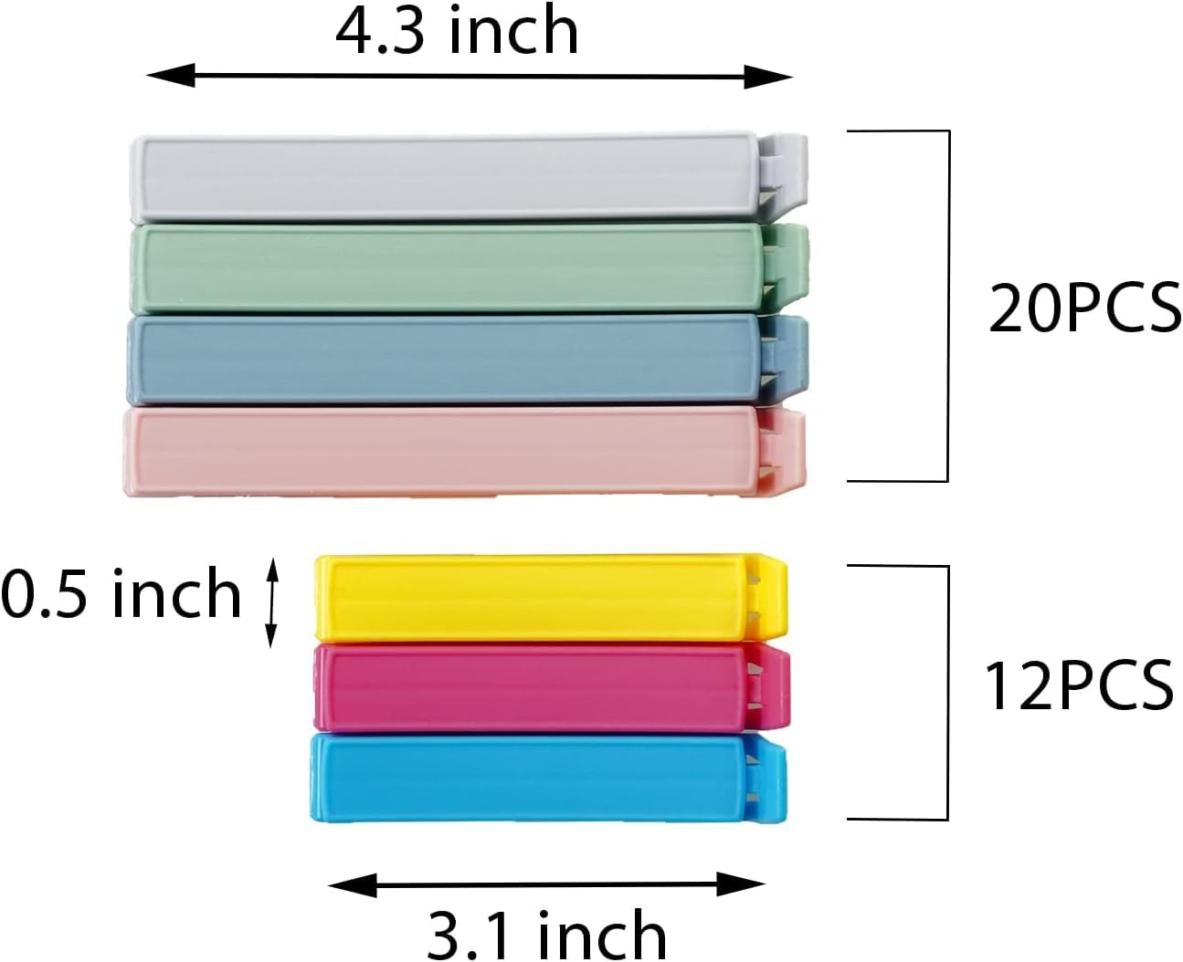 Yarall 32 PCS Plastic Chip Clips for Food Packages, Curved Design Sealing Bag Clips for Food, Kitchen and Home, 2 Sizes(4.3inch x 20, 3.1inch x 12)