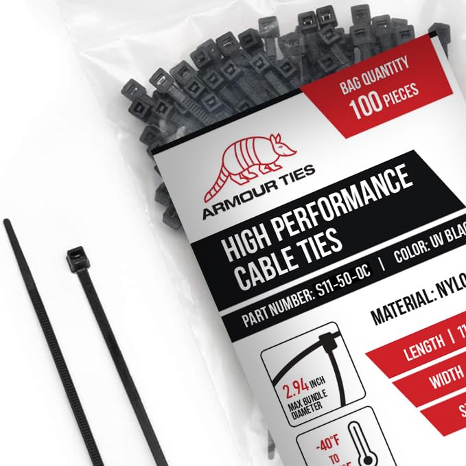 11-inch Black Zip Ties Heavy Duty UV Resistant Nylon Cable Ties, 50lb Tensile Strength, 100-Pack - Durable Wire Ties, Heavy Duty Tie Straps Indoor and Outdoor Cable Management Solution by ARMOUR TIES