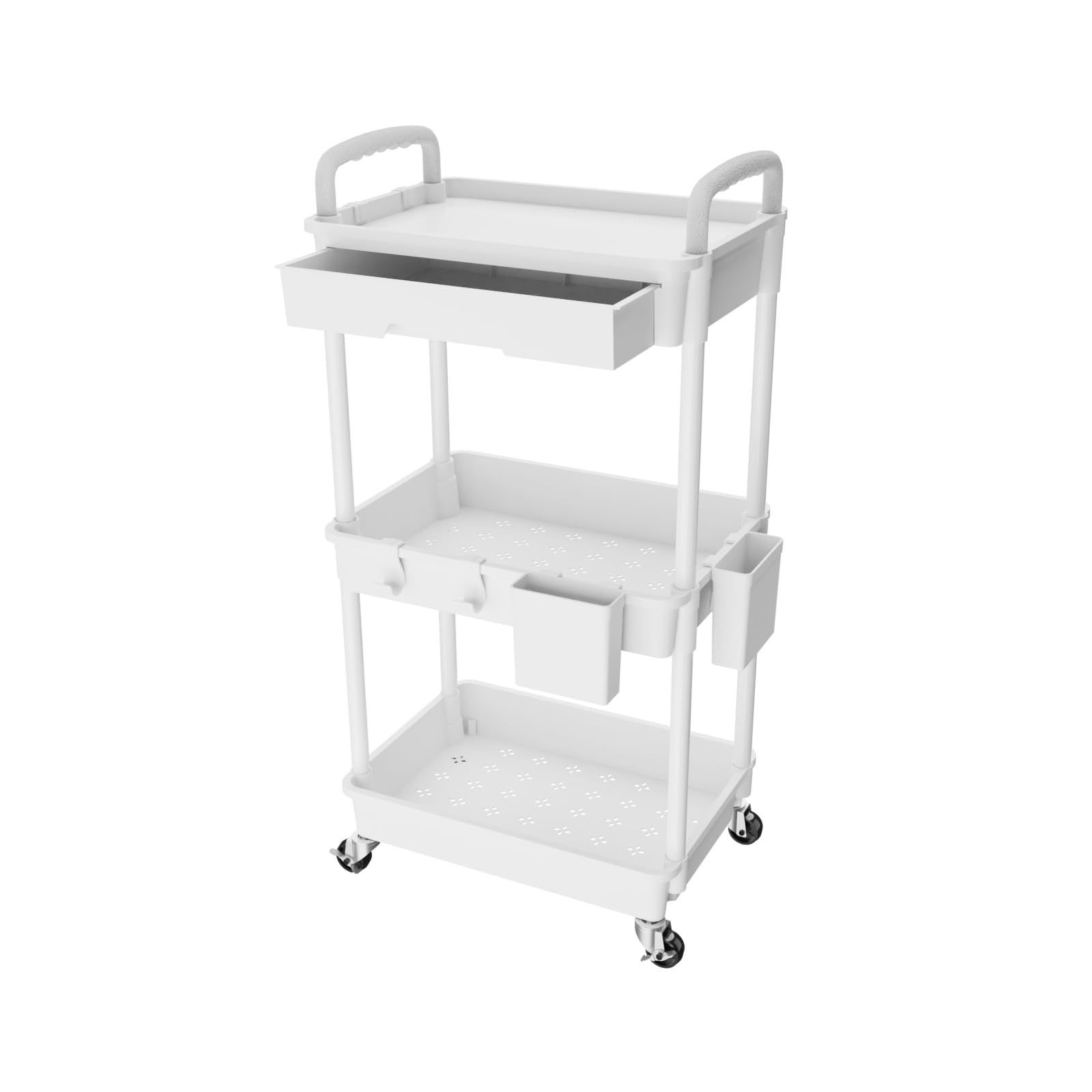 3 Tier Rolling Utility Cart with Drawer,REBECAT Utility Cart Made of Multifunctional Storage Organizer Tool for Kitchen,Bathroom,Living Room,Office(White)