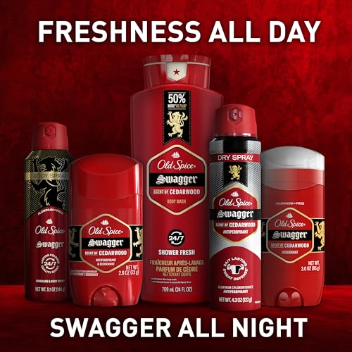 Old Spice Refreshing Body Wash for Men, 3X Defense, 24/7 Shower Fresh with Long Lasting Scent, Red Collection, Swagger with Cedarwood Scent, 24 oz (Pack of 2)