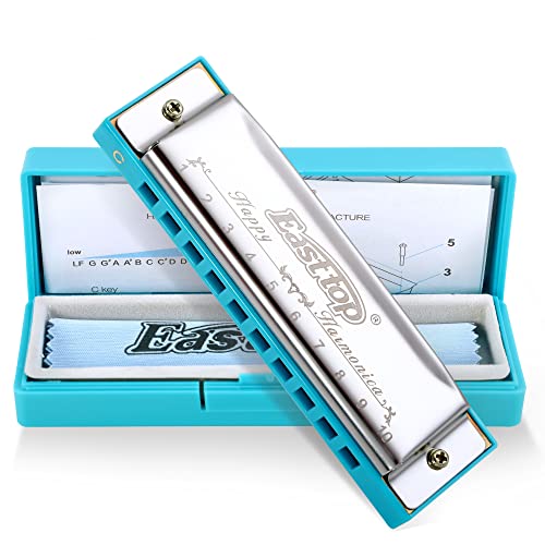 East top Harmonica, Diatonic 10 Holes C Key, Blues, for Beginner, Kids, Children, Students, Gift, with Case, Clean Cloth and Manual