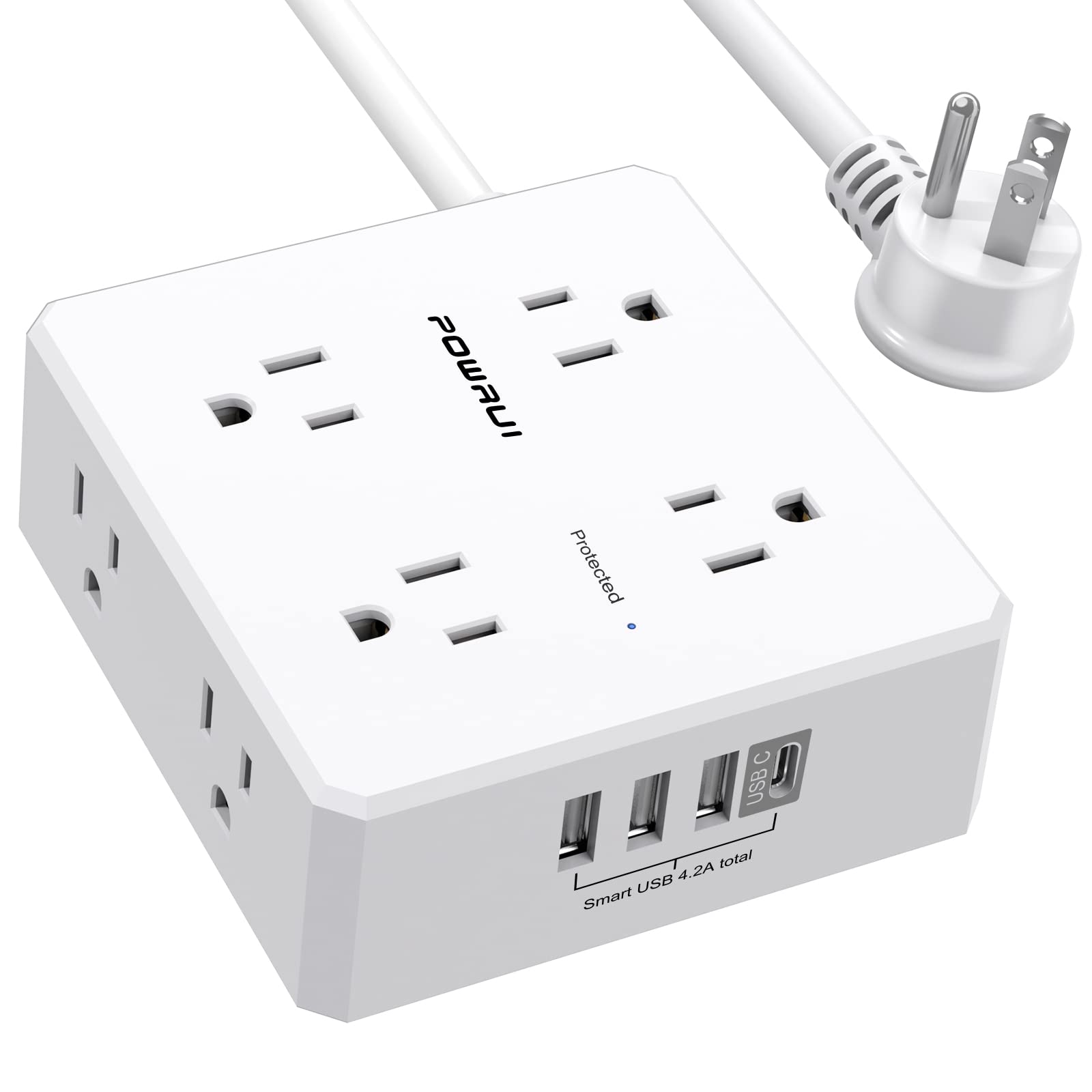 10Ft Surge Protector Power Strip - Flat Plug Extension Cord with 8 Widely Outlets and 4 USB Ports(1 USB C), 3 Side Outlet Extender for Home Office Dorm Room Essentials, WhiteÃ¯Â¼ÂETL Listed