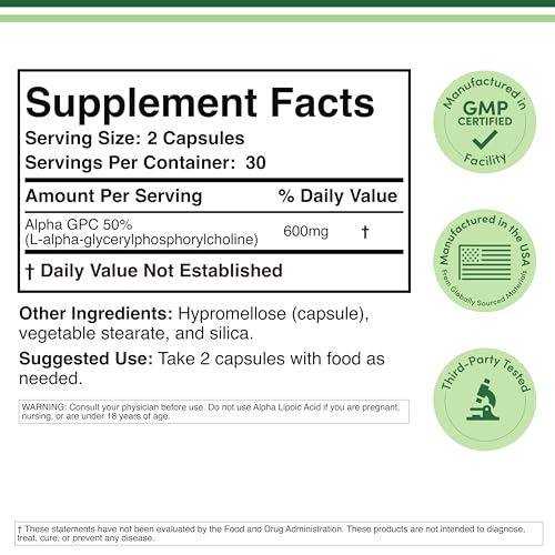 Alpha GPC Choline Brain Supplement for Acetylcholine (60 Count, 600mg Servings) Advanced Memory Formula, Focus and Brain Support, Focus Supplement (Manufactured in The USA) by Double Wood