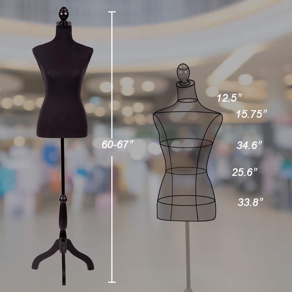 FDW Manikin 60”-67”Height Adjustable Female Dress Model Display Torso Body Tripod Stand Clothing Forms (Black, 60-67 Inches)