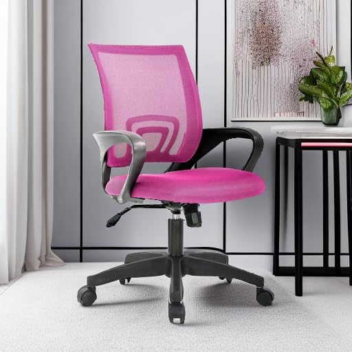 BestOffice | Ergonomic Office Chair | Mid-Back Swivel Desk Chair | Breathable Backrest & Lumbar Support | Adjustable Height | Sponge Seat | Rolling Wheels | Pink | for Adults & Women