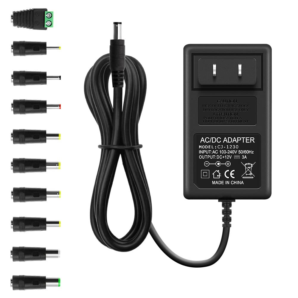 Arkare 12V 3A Power Supply Adapter 36W ac/dc Charger AC 100V-240V to DC 12Volt 3amp Power Cord 12V 2.5A 2A 1.5A 1A 800mA 500mA for Security Camera BT Speaker GPS Webcam Microphone Receiver with 10TIPS