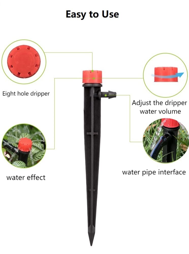 La Farah 50pcs Drip Emitters for 1/4" Drip Irrigation Tubing, Adjustable 360 Degree Water Flow Drippers on 5" Arrow Stake, Garden Irrigation Drippers for (4-7mm) Watering System