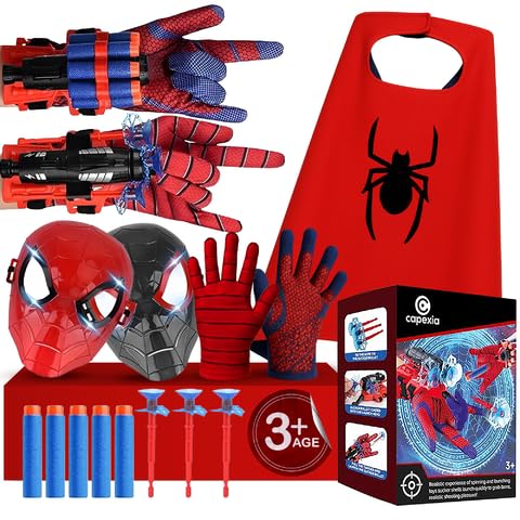 Superheld Spinnennetz-Spielzeug-Set - 7-in-1 Superhelden-Set inklusive 2 Netzwerfern, 2 Heldenmasken, 2 Handschuhen und 1 Umhang - Ideal für Kostüm-Rollenspiele drinnen und draußen, fantasievolles Spielen für Kinder ab 3 Jahren