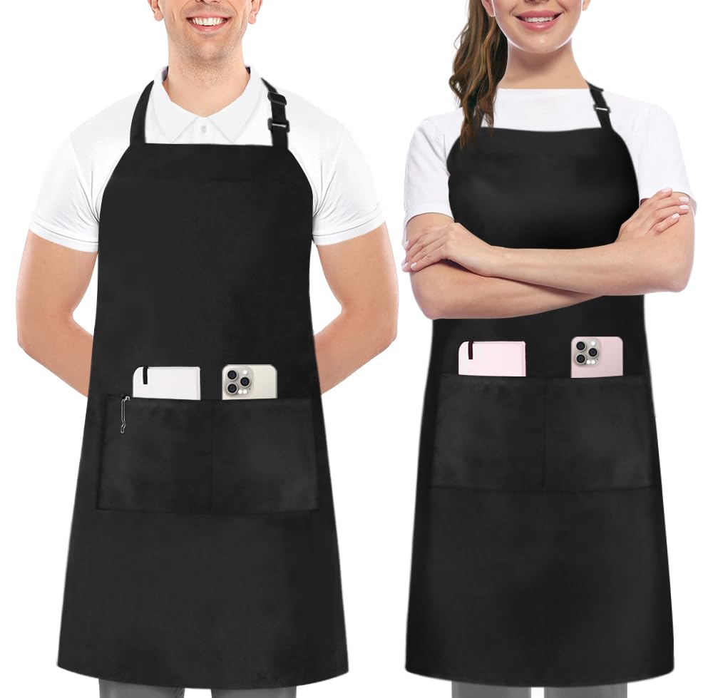Utopia Kitchen 2 Pack Bib Apron, Adjustable with 2 Pockets, Water and Oil Resistant, Cooking Kitchen Chef Apron for Women Men
