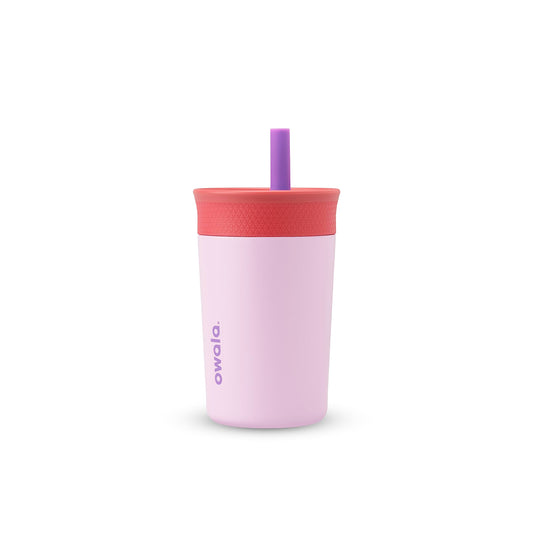 Owala Kids Insulation Stainless Steel Tumbler with Spill Resistant Flexible Straw, Easy to Clean, Kids Water Bottle, Great for Travel, Dishwasher Safe, 12 Oz, Pink and Purple (Lilac Rocket)