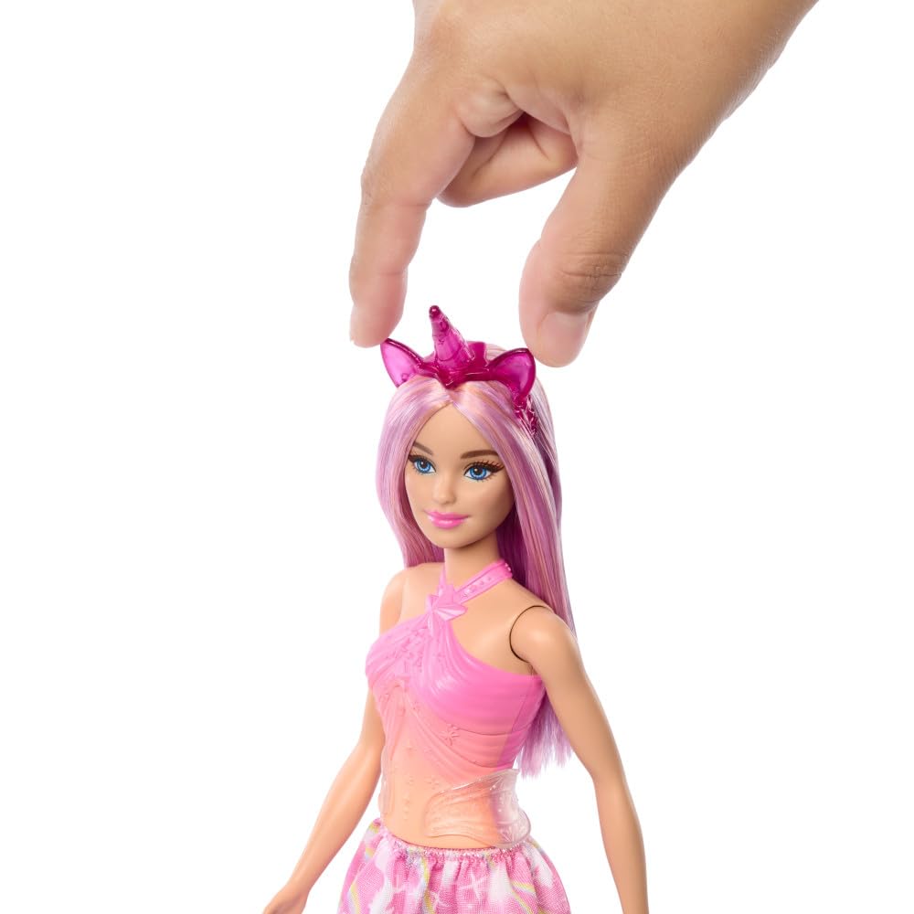Barbie Unicorn Doll with Pink Fantasy Hair, Colorful Pink and Orange Outfit, and Unicorn-Themed Fantasy Accessories