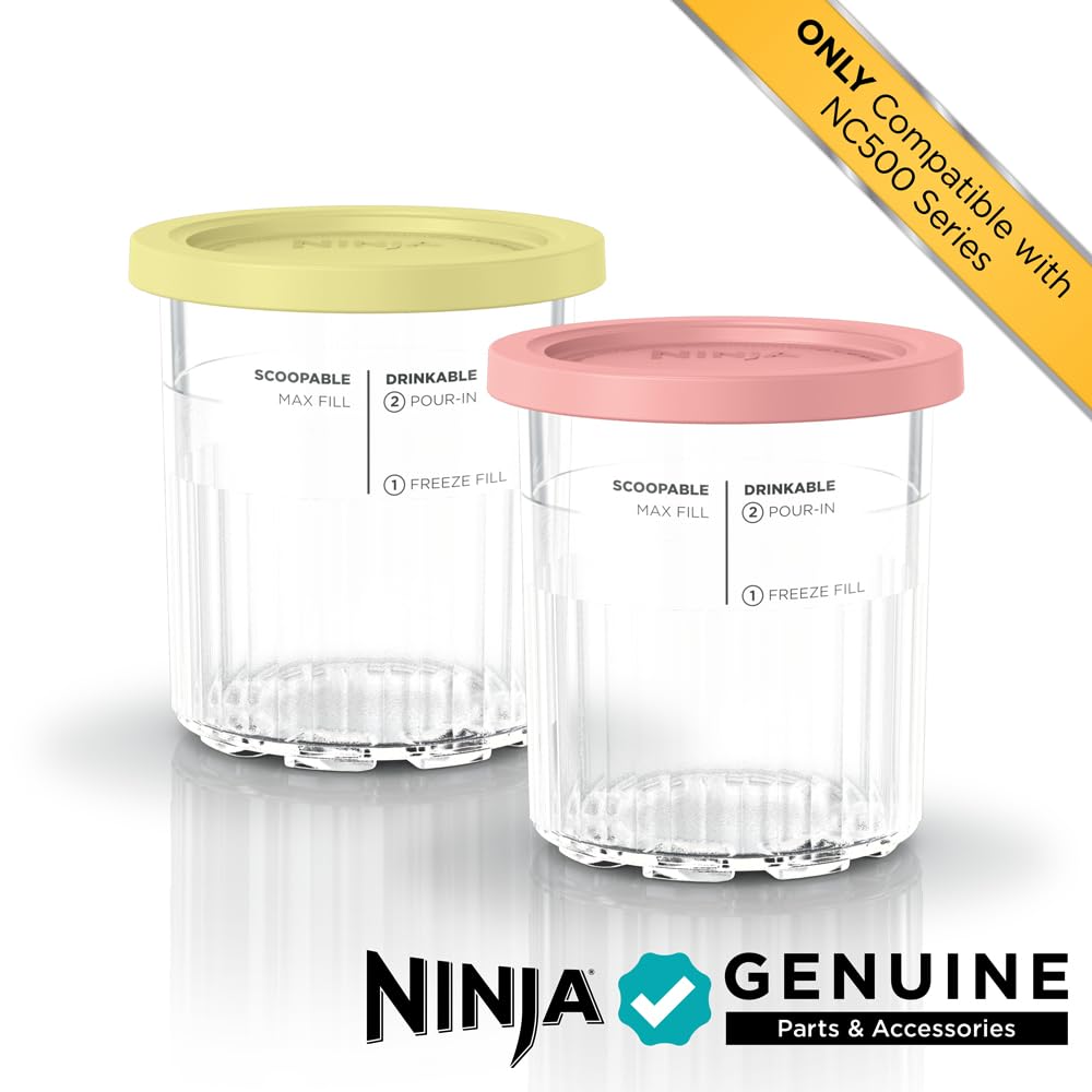 Ninja Creami Deluxe Pints 2 Pack, Compatible with NC500 Series Creami Deluxe Ice Cream Makers, Genuine Ninja Pint, BPA-Free & Dishwasher Safe, Color Lids, 1 Pint Each, Clear/Coral/Yellow, XSKPNTLD2​