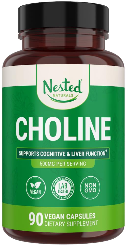 Nested Naturals Choline Bitartrate 500mg - مكملات كولين عالية الفعالية - تدعم الأداء الإدراكي ووظائف الكبد - كولين نباتي 100% وغير معدل وراثيًا - 90 كبسولة نباتية