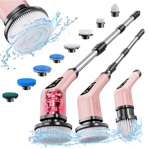 Leebein Electric Spin Scrubber, Cordless Cleaning Brush with 8 Replaceable Brush Heads, Tub and Floor Tile Power Scrubber Dual Speed with Adjustable & Detachable Handle for Bathroom Cleaning